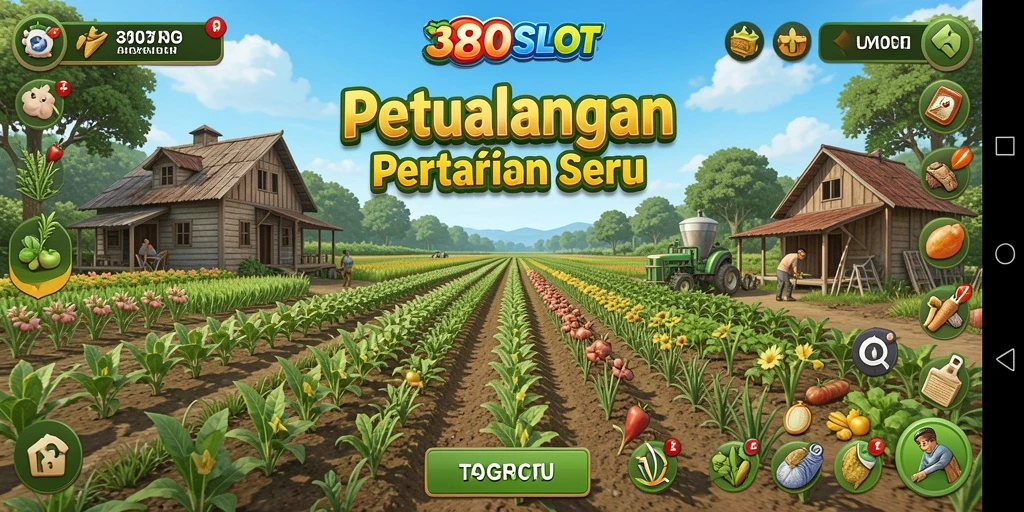 Screenshot gameplay 380SLOT menampilkan ladang yang subur dan hewan ternak yang sehat.