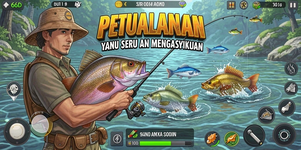 Tampilan gameplay 66D dengan aksi memancing seru.