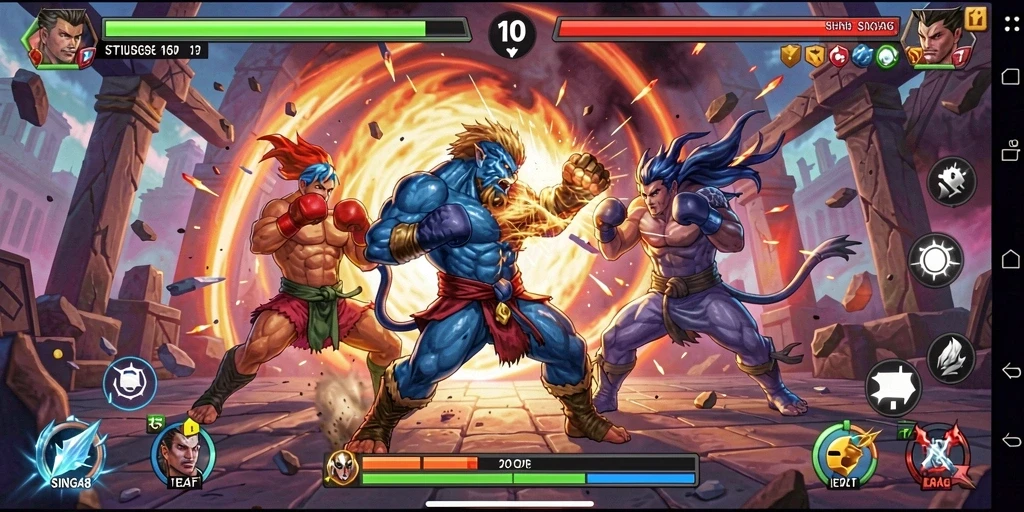 Screenshot gameplay SINGA8 menampilkan pertarungan seru dan karakter menarik.